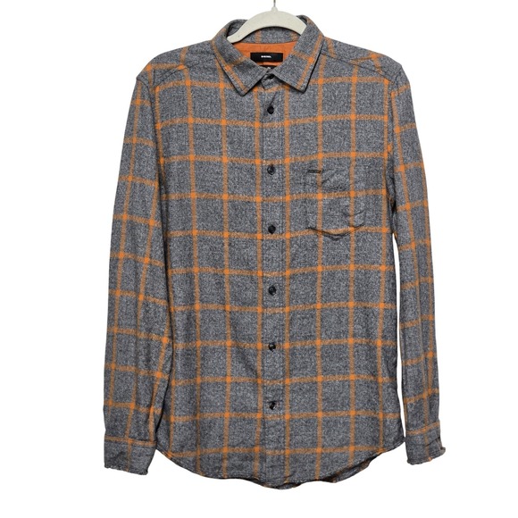 Diesel Shirt Mens Medium Gray Orange Plaid Slim Fit Long Sleeve Button Up Cotton - Picture 1 of 13